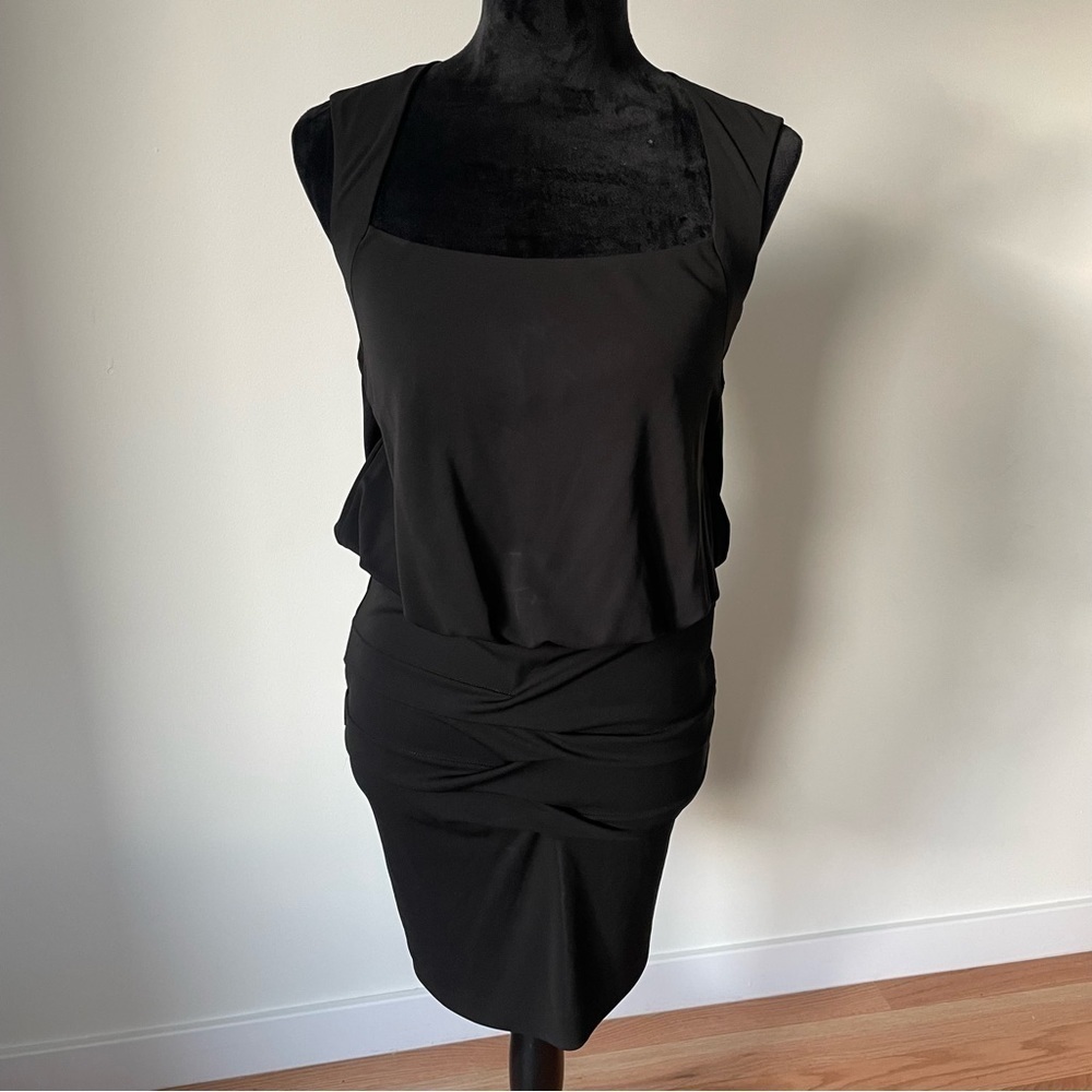 Nicole Miller Black Tidal Pleat Stretchy Matte Jersey Sleeveless Blouson Dress S